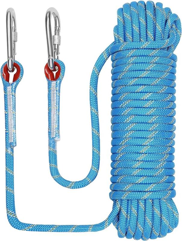 10mm 12mm Outdoor Climbing Rope Static Rock Climbing Rope, Tree Climbing Rappelling Rope, Escape Nylon Rope, Ice Climbing Equipment Fire Rescue Parachute Rope with 2 Steel Hooks