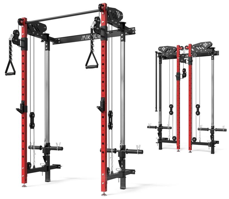 Mikolo Folding Squat Rack, Wall Mounted Power Rack with Cable Crossover Machine & LAT Pull Down Machines, Functional Trainer with 5 Adjustable Function Modes, for Home Gym and Space Saving