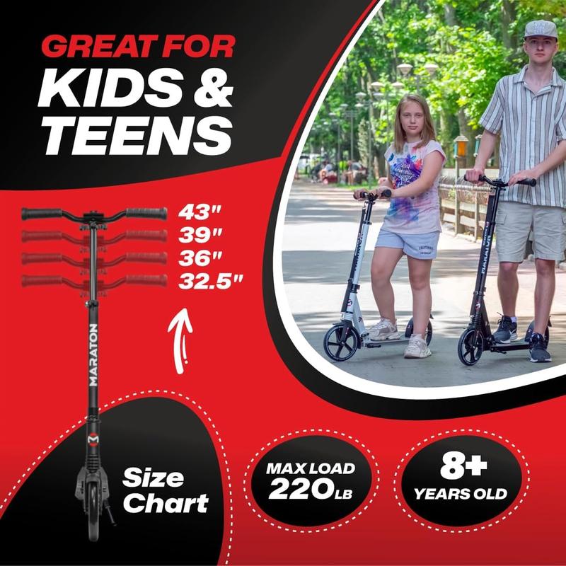 Maraton Kick Scooter Comfort 200, Black | Kick Scooter for Teens | For Teens 8-18 Year Old | 220 lbs, XL Wheels, Lightweight | Durable Folding Scooter For Kids Ages 10-14 | Foldable Scooter for Teenagers. High Quality