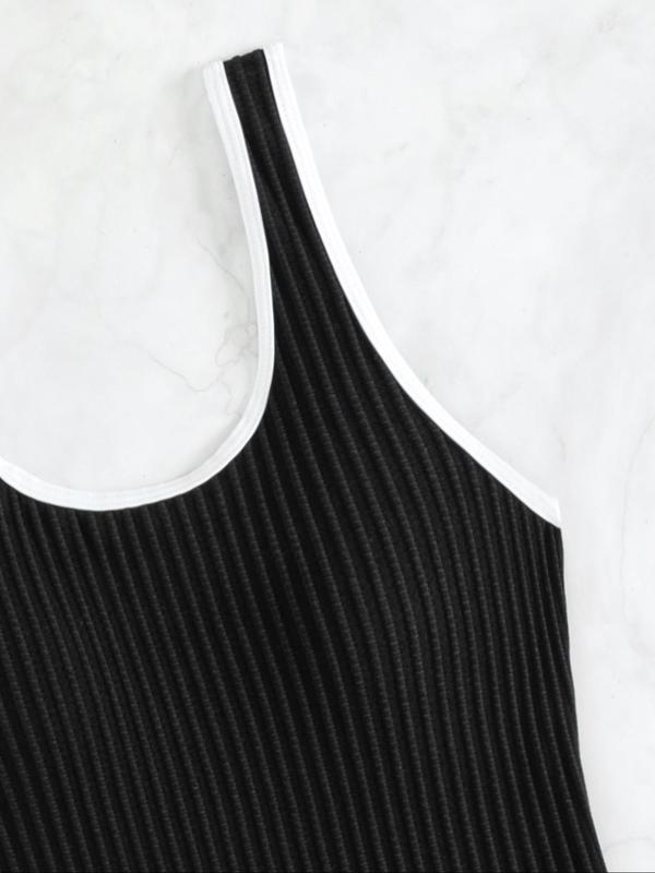 Women's Contrast Binding Ribbed One-piece Swimsuit, Solid Sleeveless Swimwear, Tummy Control Swimwear, Ladies Back To School One Piece Swimsuit for Summer Beach Holiday Vacation