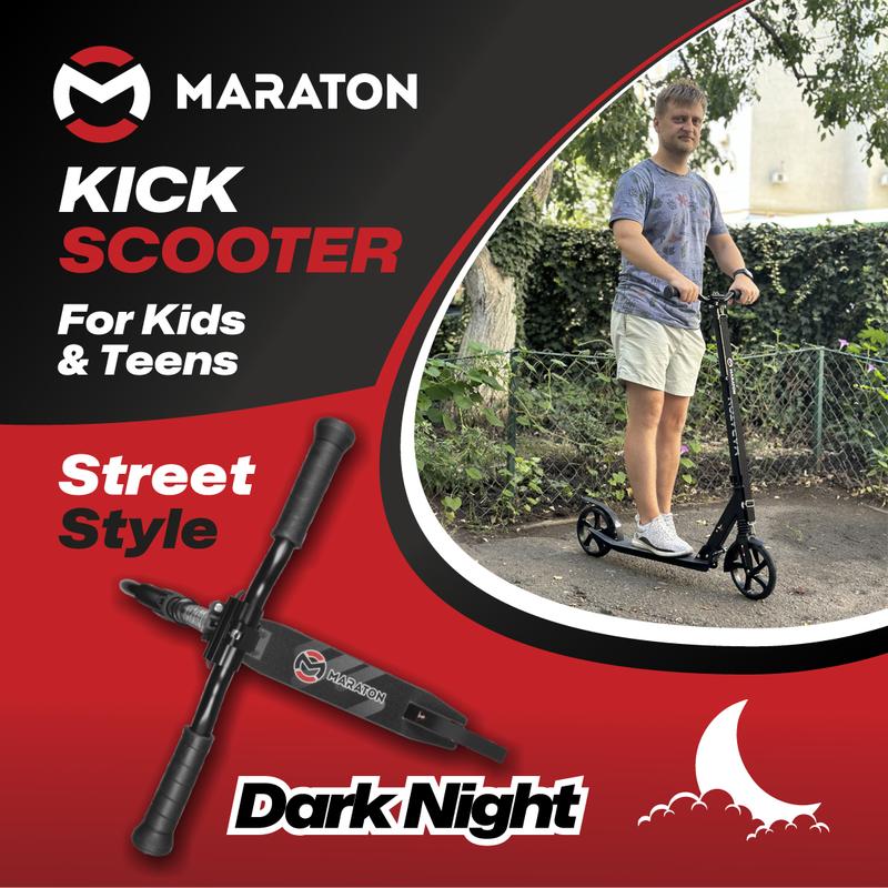 Maraton Kick Scooter Comfort 200, Black | Kick Scooter for Teens | For Teens 8-18 Year Old | 220 lbs, XL Wheels, Lightweight | Durable Folding Scooter For Kids Ages 10-14 | Foldable Scooter for Teenagers. High Quality