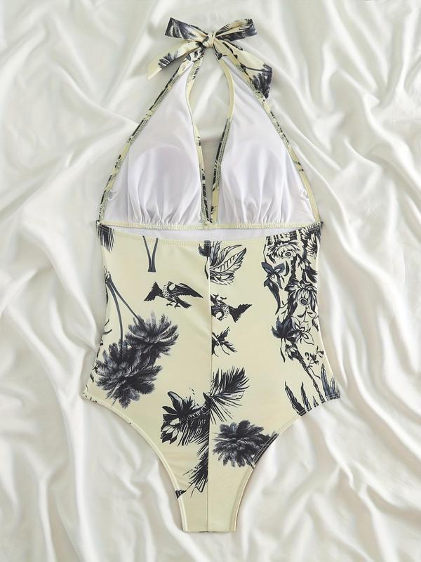 Women's Plant Print Ruched Swimsuit, Summer Clothes Women, Bathing Suits Women, Vintage Backless Sleeveless One-piece Swimwear for Beach Holiday, One Piece Swimsuits 2024, Boho Fashion Ladies Summer Clothes