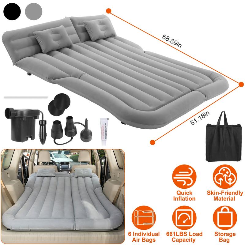 Air Mattress,SUV Air Mattress Thickened Camping Bed Cushion with Pillow Air Pump Storage Bag PVC Flocked Car Bed for Home Car Travel Camping (Grey)