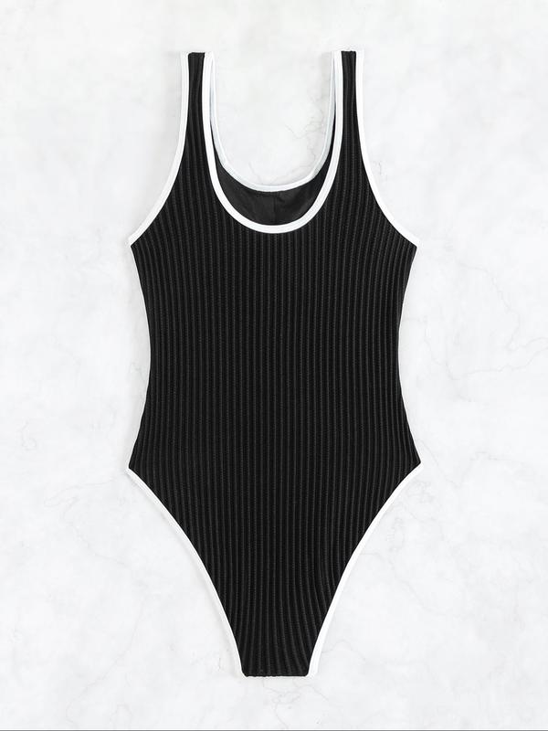 Women's Contrast Binding Ribbed One-piece Swimsuit, Solid Sleeveless Swimwear, Tummy Control Swimwear, Ladies Back To School One Piece Swimsuit for Summer Beach Holiday Vacation