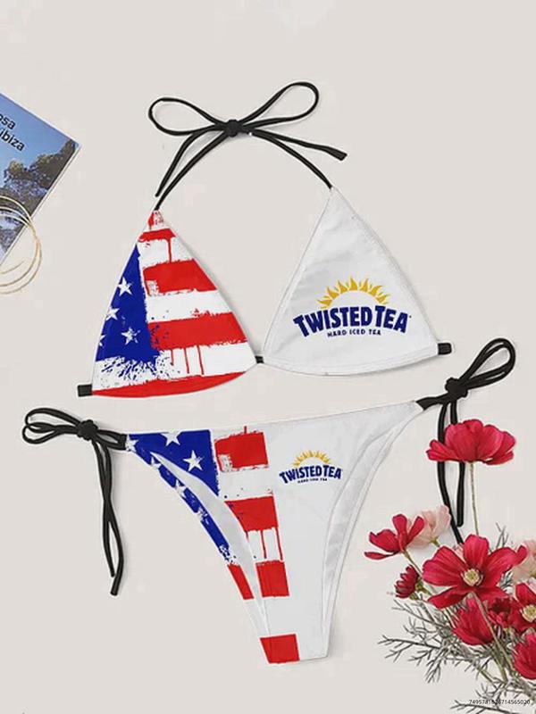 Twisted Tea American Flag Tea Print Stripe Strap Bikini Set Set 2 Piece Set Bikini For Women Bikini Drinks