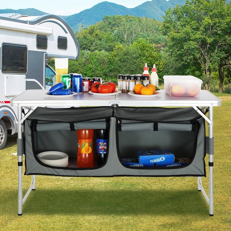 Camping Kitchen Table, Quick set-up Folding Camping Table, 3 Adjustable Heights, MDF Camping Table, Ideal for Outdoor Picnics, BBQs, Camping, RV Traveling