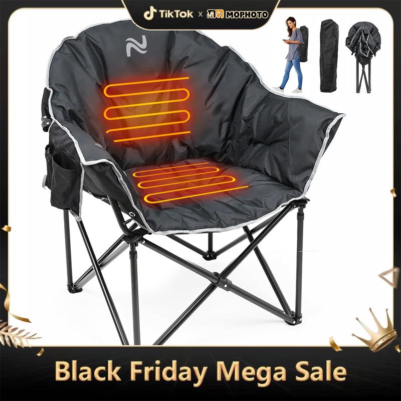 MOPHOTO Heated Camping Chair, Portable Heated Camping Chairs with 3 Heat Levels, Padded Oversized Heated Folding Chairs Outdoor Sports, Heating Lawn Chair Patio Lounge Chairs for Adults Supports 500 lbs