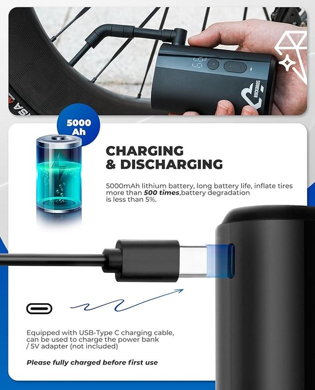 ROCKBROS 150PSI Mini Electric Bike Pump, 32s Fast Inflation, Bike Tire Pump with Digital Gauge, Auto-Shutoff, Compatible with Presta and Schrader Valves