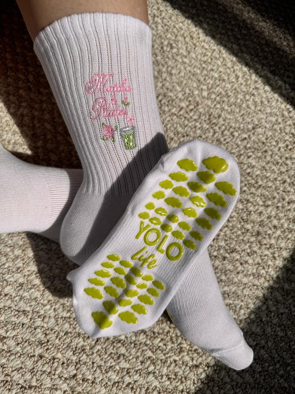 “Matcha & Pilates“ ??embroidered Pilates crew socks