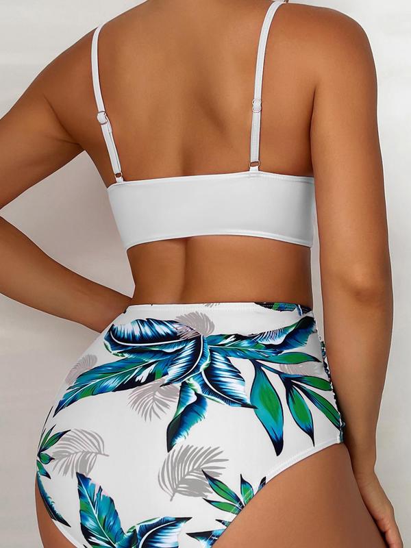 Two-piece Set Women's Leaf Print Bikini Set, Criss Cross Push Up Swim Top & Ruched High Waist Swim Bottom, Ladies Swimsuit for Beach Holiday Vacation