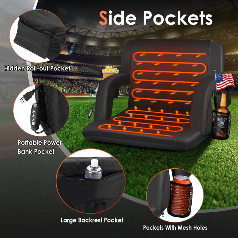 1 Count Heated Stadium Seats for Bleachers with Back Support and Wide Cushion, Extra Portable Bleacher Seat Foldable Stadium Chair, USB 3 Levels of Heat, 5 Pockets, for Outdoor Camping Games Sports