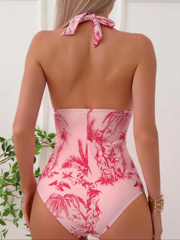 Women's Plant Print Ruched Swimsuit, Summer Clothes Women, Bathing Suits Women, Vintage Backless Sleeveless One-piece Swimwear for Beach Holiday, One Piece Swimsuits 2024, Boho Fashion Ladies Summer Clothes