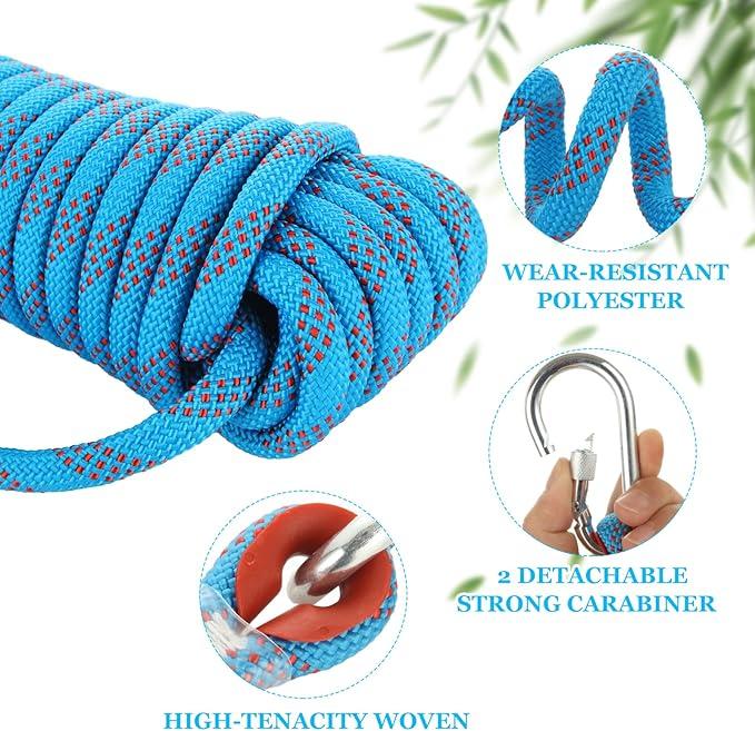 10mm 12mm Outdoor Climbing Rope Static Rock Climbing Rope, Tree Climbing Rappelling Rope, Escape Nylon Rope, Ice Climbing Equipment Fire Rescue Parachute Rope with 2 Steel Hooks