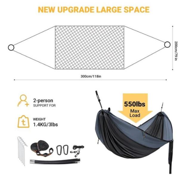 3-in-1 Camping Hammock Tent - Portable Black Hammock with 550lbs Max Load Capacity