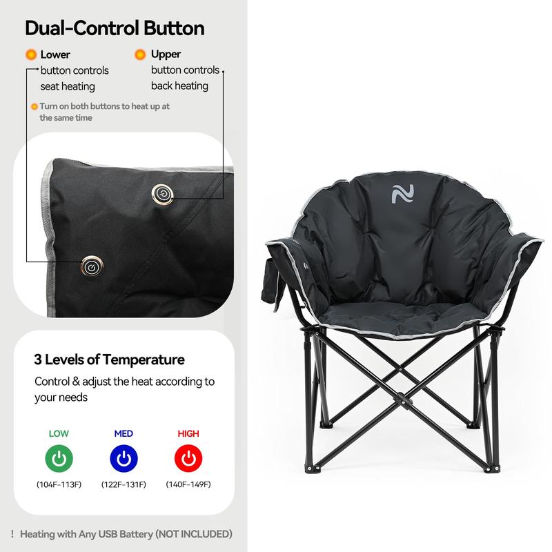 MOPHOTO Heated Camping Chair, Portable Heated Camping Chairs with 3 Heat Levels, Padded Oversized Heated Folding Chairs Outdoor Sports, Heating Lawn Chair Patio Lounge Chairs for Adults Supports 500 lbs