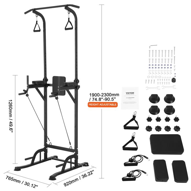 VEVOR Power Tower Dip Station, 10-Level Height Adjustable Pull Up Bar Stand, Multi-Function Home Gym Strength Training Fitness Workout Equipment with 7-Level Adjustable Backrest, PU Elbow Pads, 440LBS