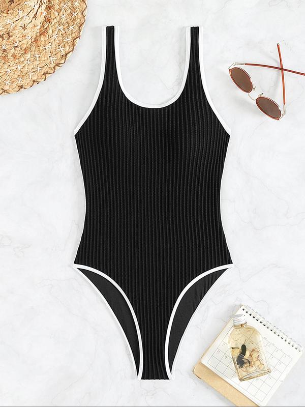 Women's Contrast Binding Ribbed One-piece Swimsuit, Solid Sleeveless Swimwear, Tummy Control Swimwear, Ladies Back To School One Piece Swimsuit for Summer Beach Holiday Vacation