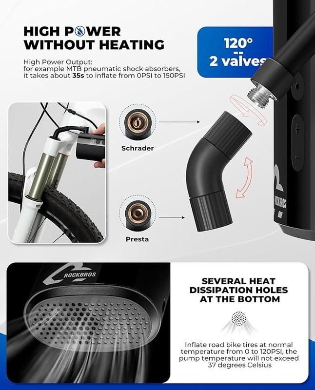 ROCKBROS 150PSI Mini Electric Bike Pump, 32s Fast Inflation, Bike Tire Pump with Digital Gauge, Auto-Shutoff, Compatible with Presta and Schrader Valves