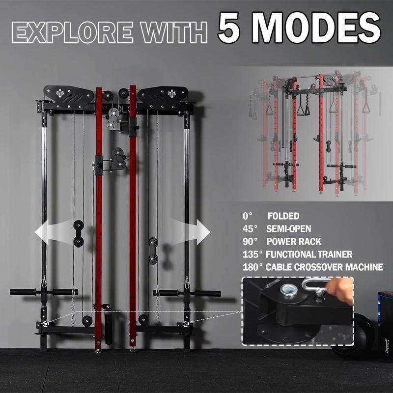 Mikolo Folding Squat Rack, Wall Mounted Power Rack with Cable Crossover Machine & LAT Pull Down Machines, Functional Trainer with 5 Adjustable Function Modes, for Home Gym and Space Saving