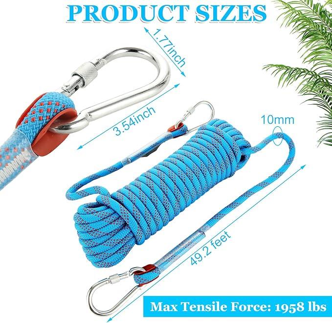 10mm 12mm Outdoor Climbing Rope Static Rock Climbing Rope, Tree Climbing Rappelling Rope, Escape Nylon Rope, Ice Climbing Equipment Fire Rescue Parachute Rope with 2 Steel Hooks