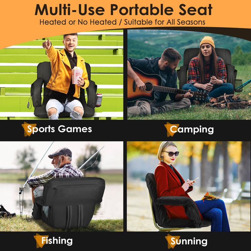 1 Count Heated Stadium Seats for Bleachers with Back Support and Wide Cushion, Extra Portable Bleacher Seat Foldable Stadium Chair, USB 3 Levels of Heat, 5 Pockets, for Outdoor Camping Games Sports