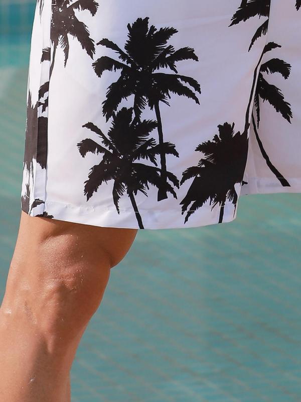 Men Swim Trunks, Men's Coconut Tree Print Drawstring Waist Beach Shorts, Gym Shorts, Casual Quick Drying Pocket Swim Shorts, Men's Swimwear for Summer Beach Holiday