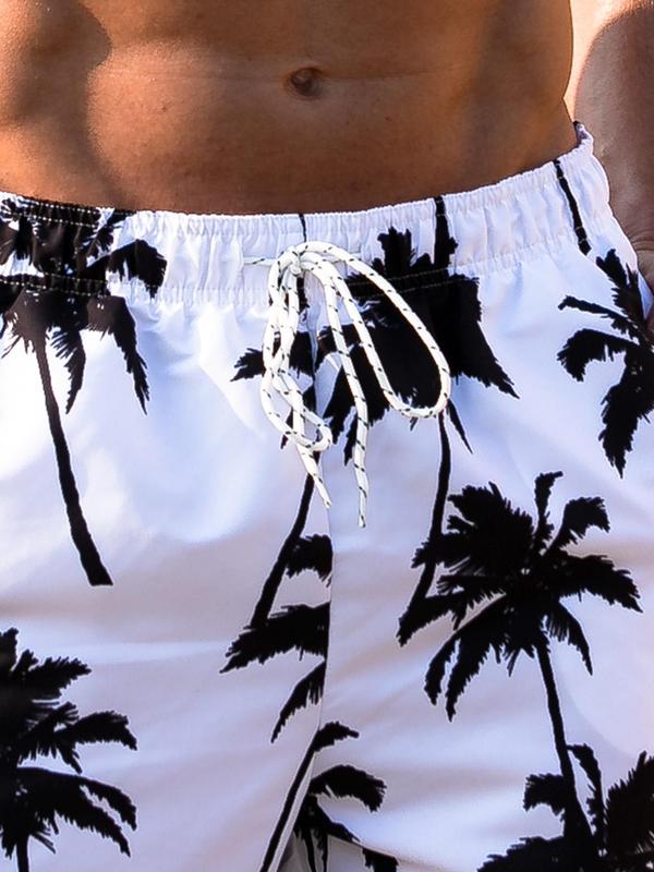 Men Swim Trunks, Men's Coconut Tree Print Drawstring Waist Beach Shorts, Gym Shorts, Casual Quick Drying Pocket Swim Shorts, Men's Swimwear for Summer Beach Holiday