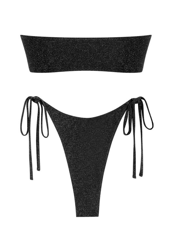 Two-Piece Set Women's Glitter O-ring Bikini Set, Boho Wireless Strapless Bikini Top & Tie Side Swim Bottom, Ladies Summer Swimwear for Beach Holiday Vacation