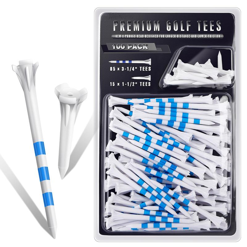 Premium 3 Prongs Plastic Golf Tees 50 Pack   100 Pack | 85 Driver Tees with 15 Iron Hybrid Tees Mixed Pack | Low Friction and Resistance Golf Plastic Tees