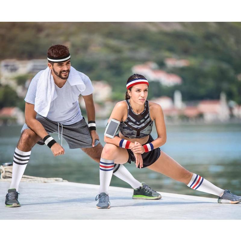 Ultrafun Sweatbands Striped Socks Set Sports Headband Wristband Knee High Tube Socks 80s Costume Accessory for Women soccer socks