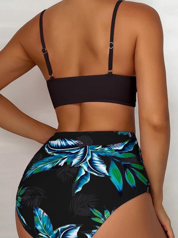 Two-piece Set Women's Leaf Print Bikini Set, Criss Cross Push Up Swim Top & Ruched High Waist Swim Bottom, Ladies Swimsuit for Beach Holiday Vacation