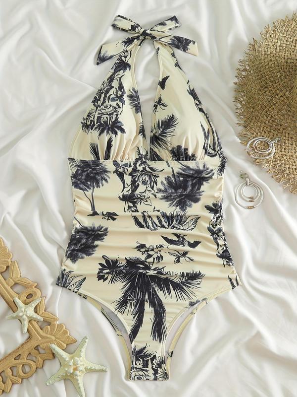 Women's Plant Print Ruched Swimsuit, Summer Clothes Women, Bathing Suits Women, Vintage Backless Sleeveless One-piece Swimwear for Beach Holiday, One Piece Swimsuits 2024, Boho Fashion Ladies Summer Clothes