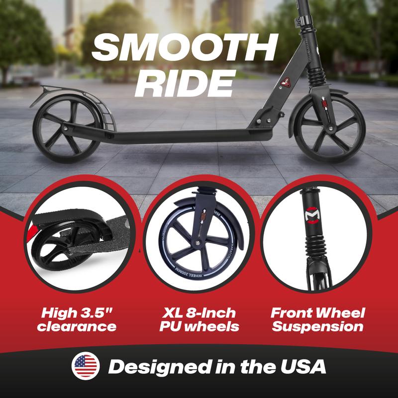 Maraton Kick Scooter Comfort 200, Black | Kick Scooter for Teens | For Teens 8-18 Year Old | 220 lbs, XL Wheels, Lightweight | Durable Folding Scooter For Kids Ages 10-14 | Foldable Scooter for Teenagers. High Quality