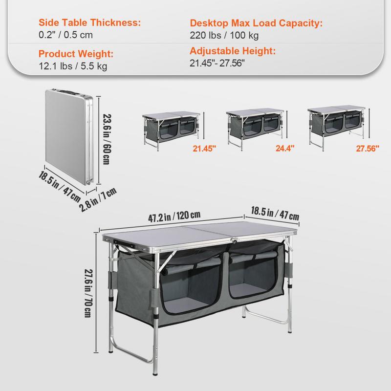 Camping Kitchen Table, Quick set-up Folding Camping Table, 3 Adjustable Heights, MDF Camping Table, Ideal for Outdoor Picnics, BBQs, Camping, RV Traveling