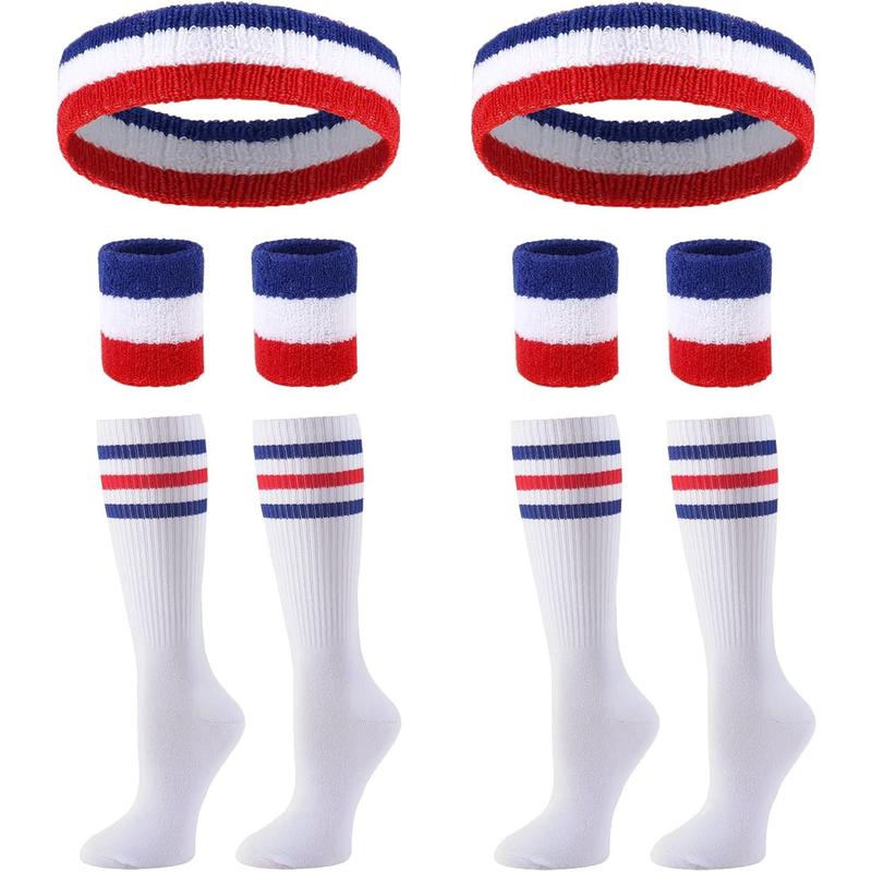 Ultrafun Sweatbands Striped Socks Set Sports Headband Wristband Knee High Tube Socks 80s Costume Accessory for Women soccer socks