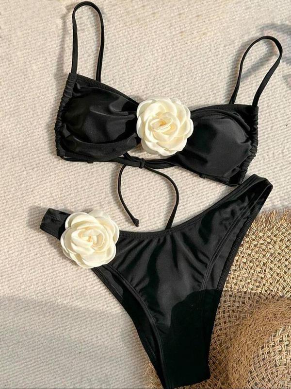 Two six-piece Set Women's Sexy Flower Decor Bikinis for Summer 2024, Solid Tie Back Padded Swim Top & High Cut Swim Bottom Two Piece Swimsuit Sets, Bikini Set Bathing Suits 2024 for Women Summer, Ladies Summer Swimwear for Beach Holiday Vacation