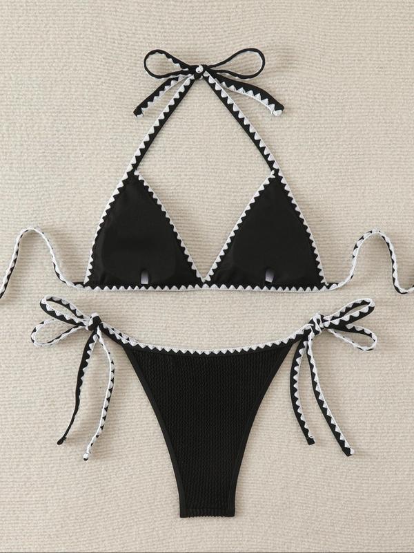 Women's Textured Contrast Binding Bikinis Set, Halter Triangle Swim Bra & Tie Side Swim Panty, Summer Bathing Suit,  Birthday Outfit Back To School Swimsuit for Women, Ladies Summer Swimsuit for Beach Holiday Vacation