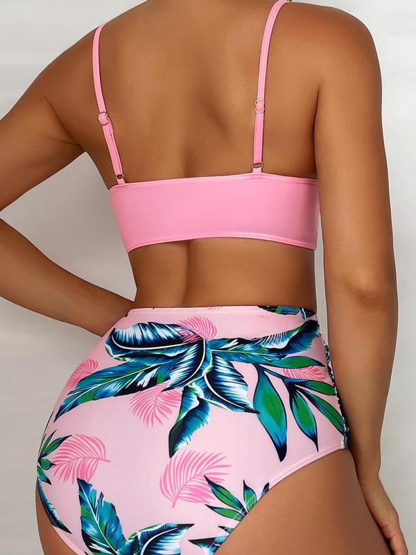 Two-piece Set Women's Leaf Print Bikini Set, Criss Cross Push Up Swim Top & Ruched High Waist Swim Bottom, Ladies Swimsuit for Beach Holiday Vacation