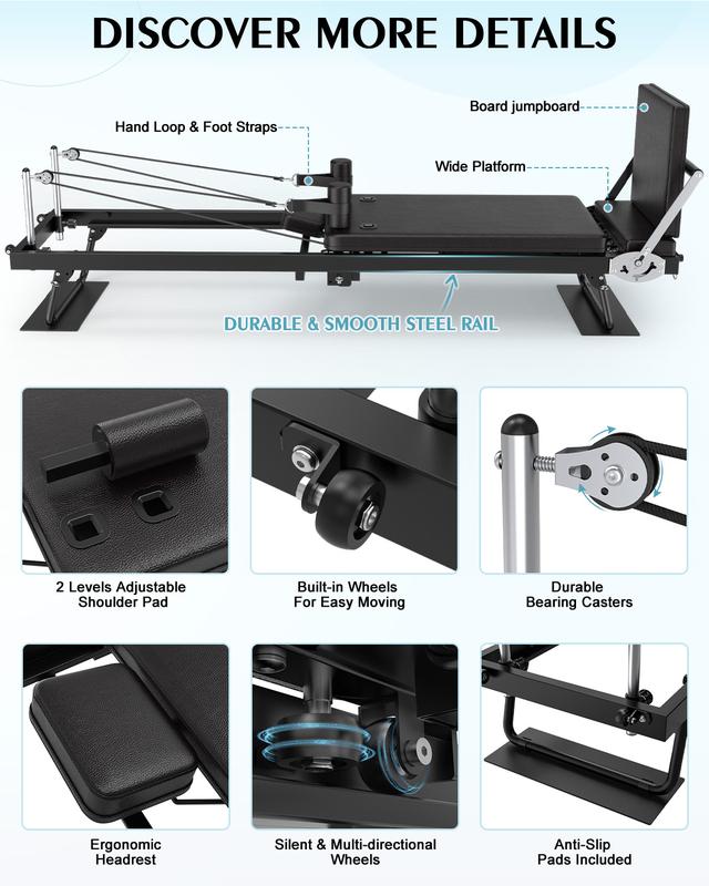 Foldable Pilates Reformer, Pilates Machine & Equipment for Gym Workout and Home Use, Suitable for Intermediate and Beginners Users