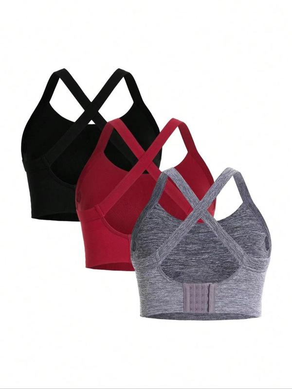 Plus Size Solid Criss Cross Backless Sports Bra, Sporty Breathable Comfortable Red Bra for Yoga Gym Workout, Women's Plus Size Sports Underwear