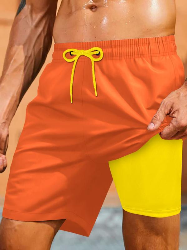 Sporty Men's 2-IN-1 Drawstring Waist Beach Shorts, Sport Pocket Design Quick Drying Shorts, Men's Beach Shorts for All Seasons