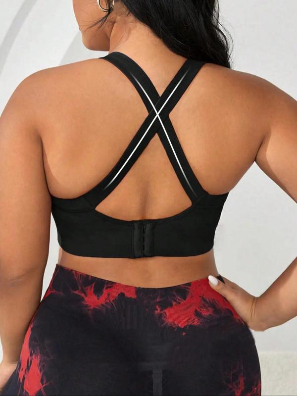 Plus Size Solid Criss Cross Backless Sports Bra, Sporty Breathable Comfortable Red Bra for Yoga Gym Workout, Women's Plus Size Sports Underwear