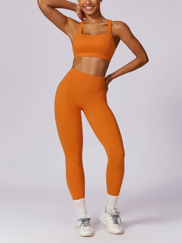 Two-piece Set Women's Solid Criss Cross Padded Sports Bra & High Waist Leggings Tracksuit Set, Sporty Breathable Quick Drying Outfits for Yoga Gym Workout Running, Ladies Sportswear for All Seasons