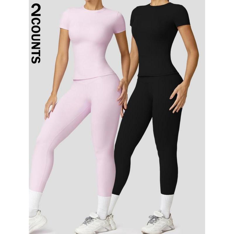 Women's Plain Round Neck Crop Tee & High Waist Leggings Tracksuit Set, Sport Breathable Quick Drying Short Sleeve T-Shirt & Skinny Pants Set for Yoga Gym Workout Running, Ladies Sportswear for All Seasons, Fall Clothes, Minimalistic Outfit 02