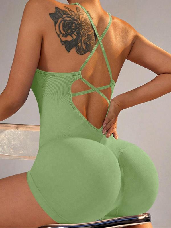 Women's Solid Criss Cross Backless Padded Sports Romper, Adjustable Strap Sleeveless Scrunch Butt Cami Bodycon Romper for Yoga Gym Fitness, Ladies Sportswear for Indoor Outdoor Wear, Tummy Control