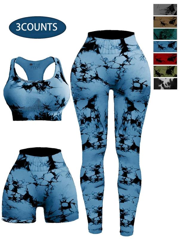 Three-Piece Set Women's Tie Dye Print Ruched Sports Bra & High Waist Leggings & Skinny Shorts Tracksuit Set, Sleeveless Straps Top & High Stretch Yoga Pants & Shorts, Back To School Sports Outfits, Ladies Sportswear for Workout Fall Outfits