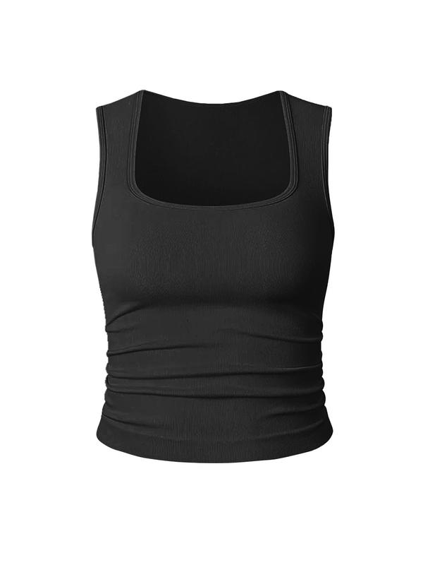 Women's Solid Ruched Square Neck Sports Vest, Sporty Sleeveless Tank Top for Yoga Gym Workout, Running Vest, Ladies Sportswear Clothes for All Seasons