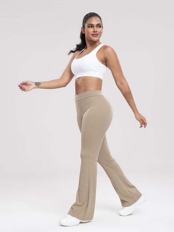 Women's Solid Ruched High Waist Sports Tummy Control Leggings, Casual Comfy Breathable Flare Leg Trousers for Yoga Gym Workout Running, Ladies Sportswear for All Seasons