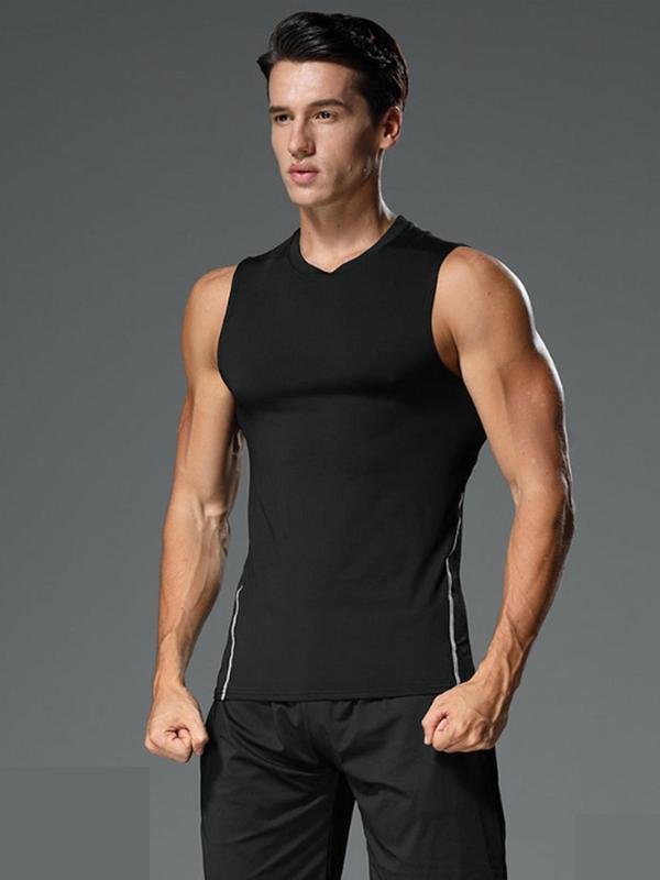 Men's 5pcs Solid Round Neck Sports Vest, Breathable Quick Drying Compression Vest, Slim Fit Crew Neck Sleeveless Top for Gym Workout Running