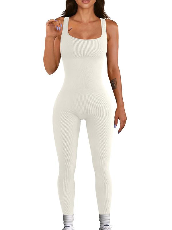 Women's Plain Textured Ribbed Square Neck Sports Jumpsuit, Summer Clothes Women, Casual Solid Color Sleeveless One Piece Workout Unitard for Yoga Gym Workout, Ladies Summer Sports Clothes